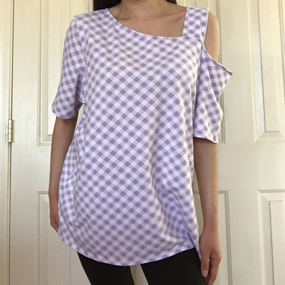 Purple gingham cold shoulder top